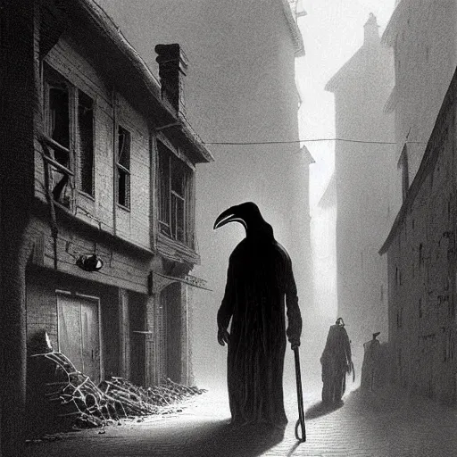 Image similar to plague doctor walking through a town ravaged by plague, dark, creepy, death, disease, hyperdetailed, concept art in a style of zdzislaw beksinski