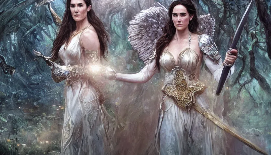 Image similar to A beautiful detailed painting of jennifer connelly as a female angel warrior in a magical forest by alphonse muchaand Kalin Popov , Trending on artstation HD.