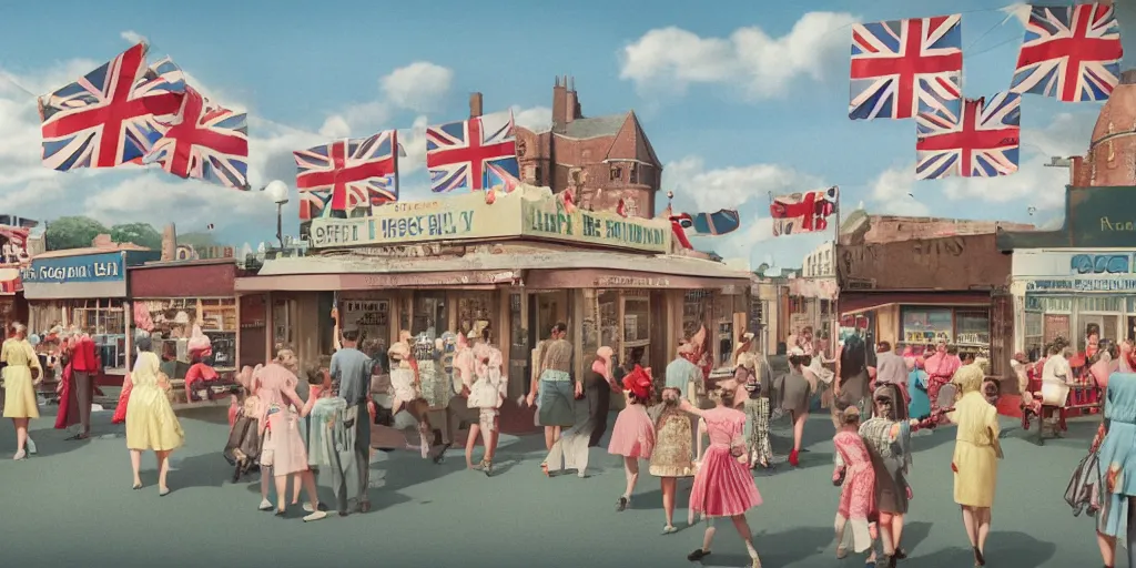 Image similar to digital matte glossy painting nostalgic 1 9 5 0 s ice cream fan village britain, detailed in the style of trevor mitchell