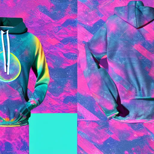 Image similar to product mockup photography of an all over print hoodie in Vaporwave style, 4K high resolution studio photo