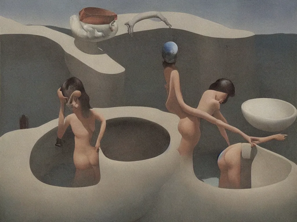 Prompt: Woman taking a bath alone in a strange, giant ceramic basin sculpted by Henri Moore. Alien, icy, melancholic landscape with comet. Painting by Alex Colville, Balthus, Beksinski