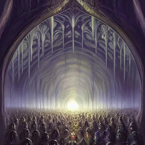 Image similar to a quantum computer surrounded by a dark cabal of multiple hooded elven mystics in long dark robes gathered in a circular formation, dan seagrave art, michael whelan, artstation, cgsociety, epic scifi fantasy art