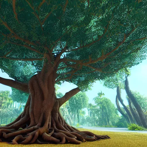 Image similar to fractal banyan tree, tropical, flowers, hyper detailed, volumetric lighting, octane render