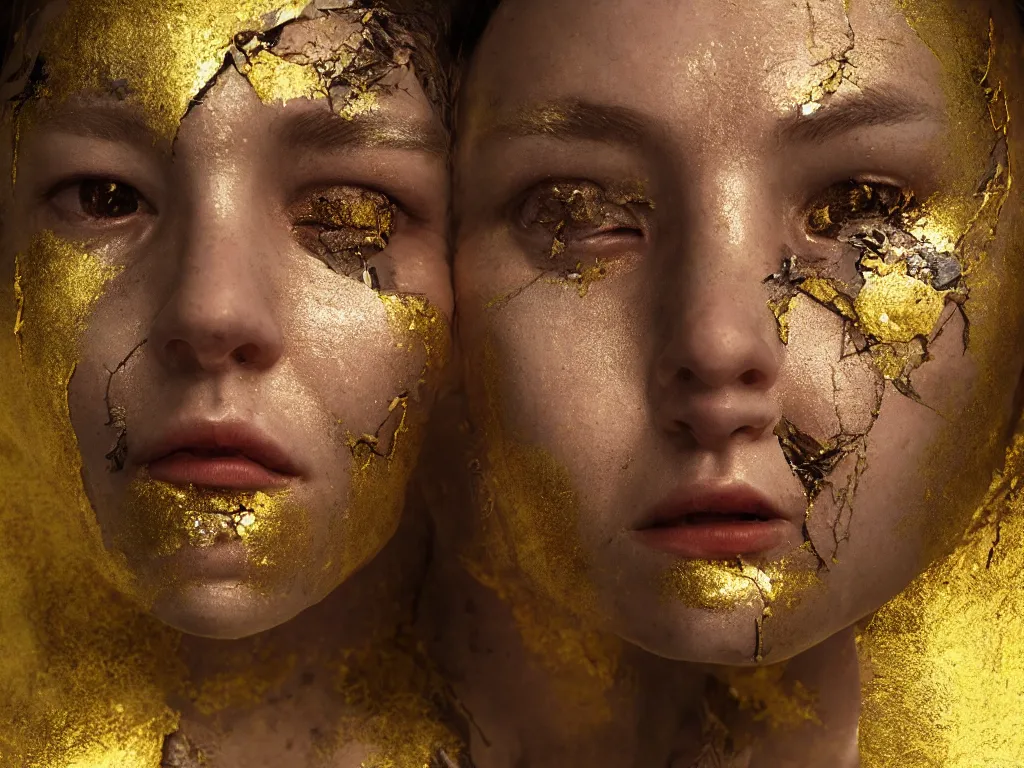 Image similar to a beautiful hyperrealistic rendering portrait of a human being with kintsugi reparied pottery cracks of gold on their face, rendering, cryengine, deep colors, deep lush vivid colors, vray render, cgsociety