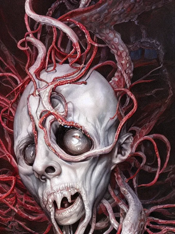 Image similar to painting by wayne barlowe of a flying sorrowful looking severed human head with tears running down it's eyes, face that is chalk white in color, with long sprawling white tentacles stemming down it's neck, fiery scorching red eyes, flying in a terrying hellish dark cavernous place