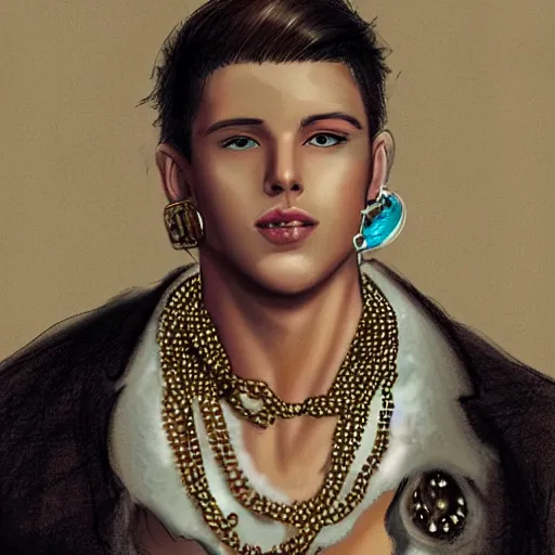 Image similar to a character sketch of a handsome young man wearing excessive jewelry in a tasteful way