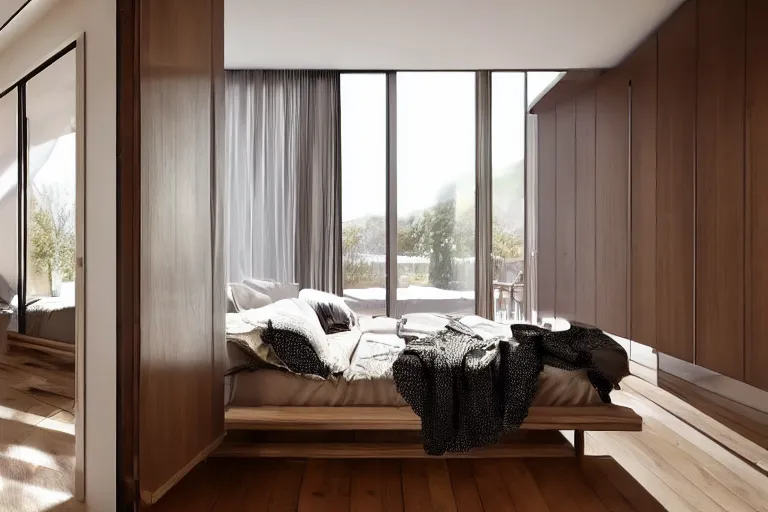 Prompt: a wardrobe with one of its doors open with winter inside it, luxurious bedroom with wooden floor and sunbeams streaming through the window