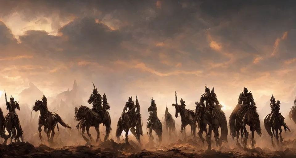 Image similar to Group of fantasy knights mounted on armored warhorses . Scenic view sunset , underexposed, clean horizon, matte painting by craig mullins and dan mumford, cinematic, high fantasy, style of game of thrones, concept art trending on artstation, 4k, insane details