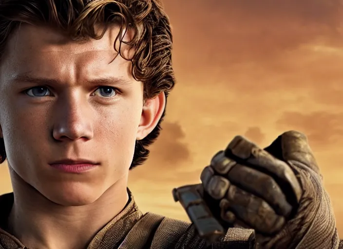 Image similar to tom holland plays anakin skywalker in the live action remake of star wars revenge of the sith, 3 5 mm photography, highly detailed, cinematic lighting, standing pose, holding lightsaber 4 k