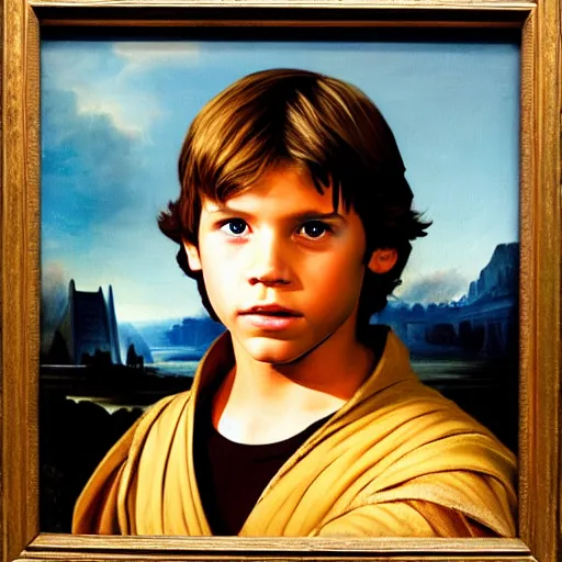 Prompt: a portrait painting of young luke from star wars in a renaissance style hanging in the louvre