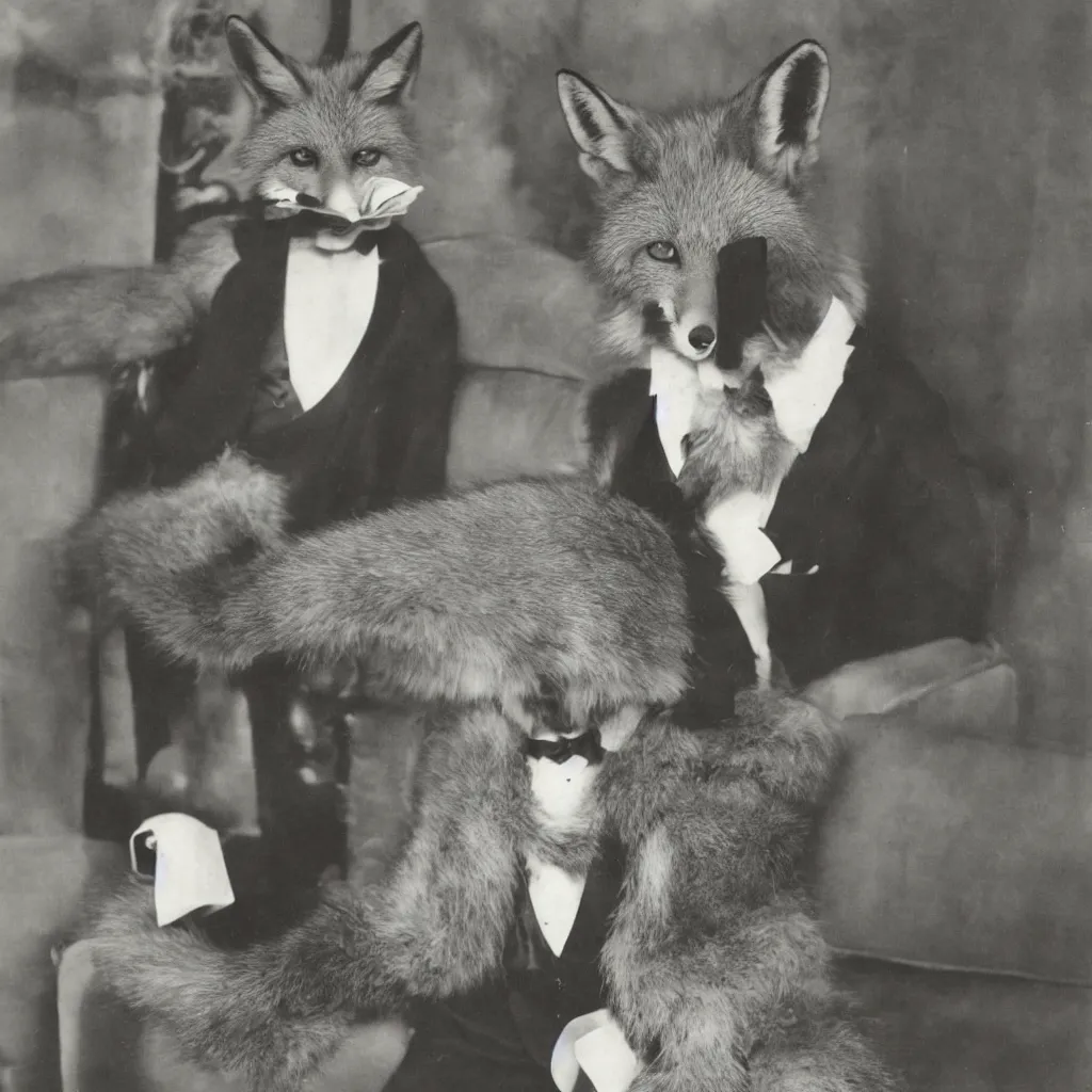 Image similar to anthropomorphic fox in suit sitting in the lobby of a luxury hotel, anthro, furry, 1 9 2 0 s photograph