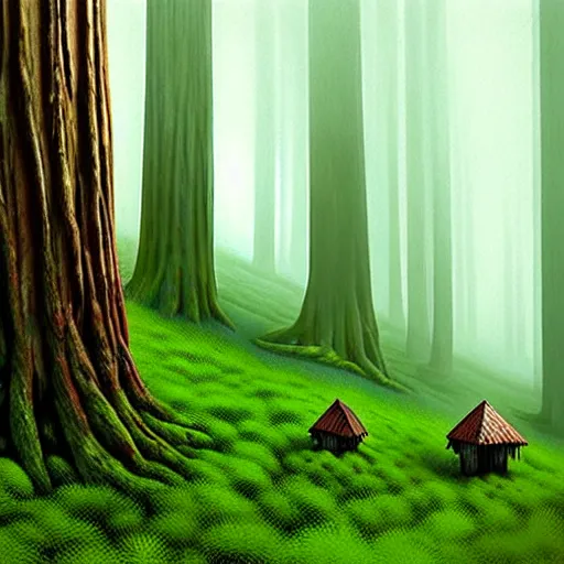 Prompt: treehut, redwood, moss, big forrest, by alex andreev, landscape, high contrast, digital