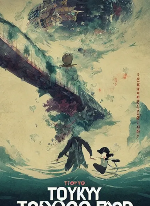 Image similar to poster for a film animation called the tokyo flood, 8 k, hd, dustin nguyen, akihiko yoshida, greg tocchini, greg rutkowski, cliff chiang