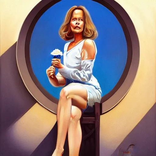 Image similar to portrait of a blonde fuller figured middle aged barbara bach from the bond film wearing blue dungarees and eating ice creams with michael mcintyre wearing a blue shirt and chinos in porto, real life skin, intricate, elegant, highly detailed, artstation, concept art, smooth, sharp focus, art by artgerm and greg rutkowski and alphonse mucha