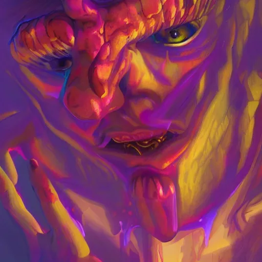 Image similar to self portrait of an ascended demon, colorful, sultry, artstation