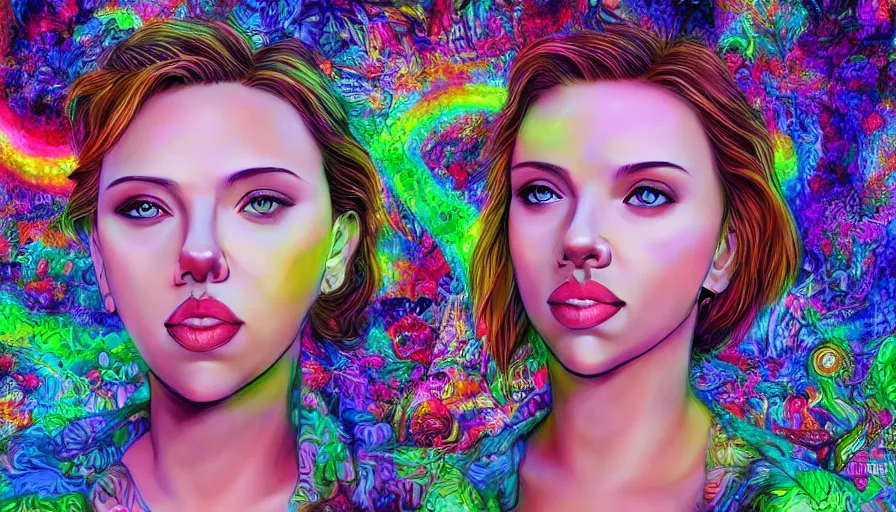 Image similar to landscape scarlett johansson in psychodelic dmt lsd forest, photorealistic, artgerm, artwork by Arian, Mark