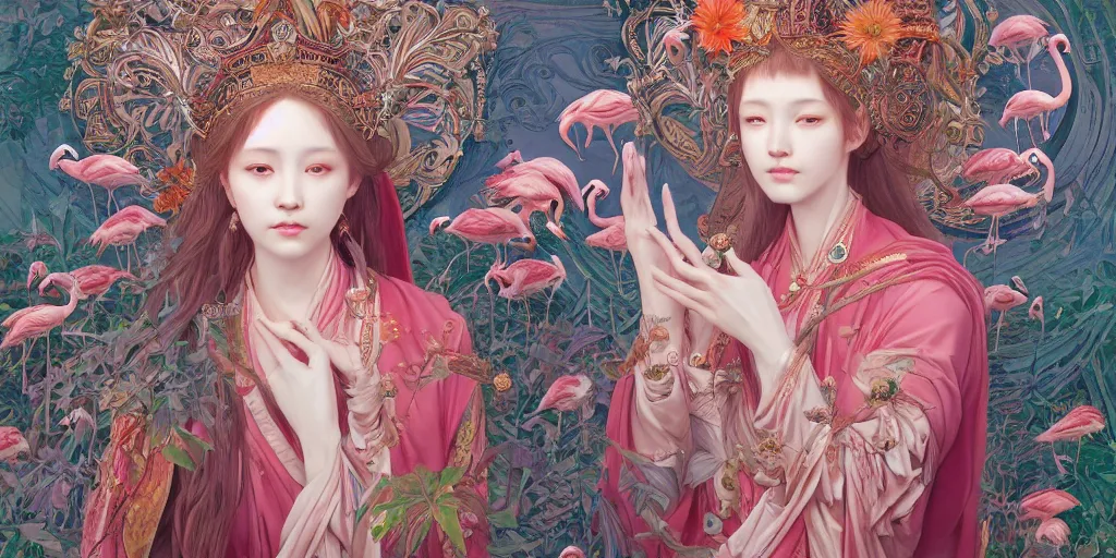 Image similar to breathtaking detailed concept art painting of the goddess of flamingo, orthodox saint, with anxious, piercing eyes, ornate background, epic composition, amalgamation of leaves and flowers, by Hsiao-Ron Cheng and John James Audubon and Miho Hirano, extremely moody lighting, 8K