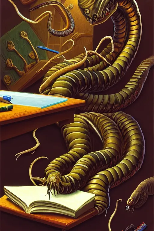 Prompt: classic oil painting, a giant worm crawling over school desks, as a dnd character, inside a cluttered classroom, cottagecore, highly detailed, digital illustration, blackboard, chalk, school supplies, textbooks, concept art, smooth, sharp focus, art by tim hildebrandt, and greg hildebrandt