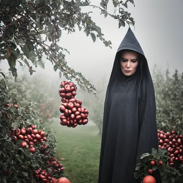 Image similar to a closeup portrait of a woman wearing a hooded cloak made of reflective mylar balloons, picking pomegranates from a tree in an orchard, foggy, moody, photograph, by vincent desiderio, canon eos c 3 0 0, ƒ 1. 8, 3 5 mm, 8 k, medium - format print