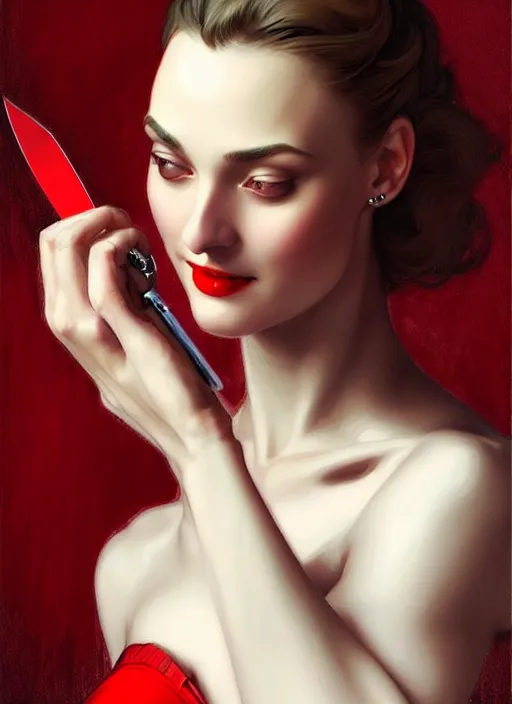 Image similar to “ daria strokous as femme fatale smiling, with red lips, holding knife on her victim ’ s throat intricate, elegant, highly detailed, digital painting, artstation, concept art, smooth, sharp focus uhd 8 k, art by artgerm and greg rutkowski and alphonse mucha ”