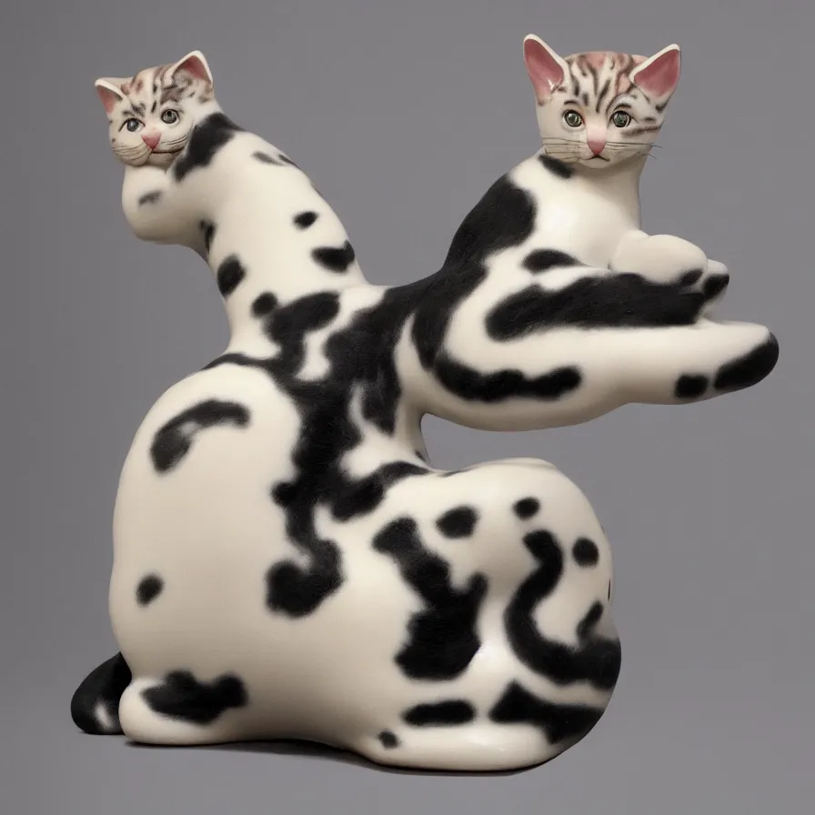 Image similar to beautiful gallery show studio photograph of a giant realistic curvy ceramic sculpture of a kitten cat!!!!!, glazed by bridget riley and victor vasarely, placed on a polished wooden table, colorful hyperrealism 8 k trending on artstation