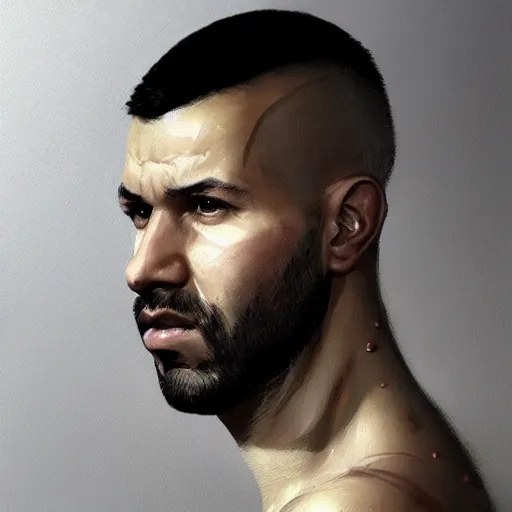 Image similar to portrait of bald sergio aguero in mid thirties with gray designer stubble!!!!!!! by greg rutkowski, attractive, highly detailed portrait, scifi, digital painting, artstation, concept art, smooth, sharp foccus ilustration, artstation hq