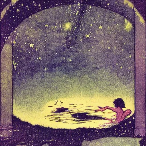 Image similar to a fairy bathing in the lake under the starry sky, magical atmosphere, by edmund dulac