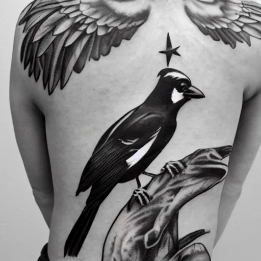 Image similar to back piece tattoo of a magpie flared out holding a pennant in it's claws, high detail