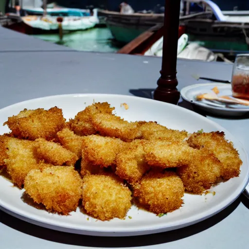 Image similar to a plate of breaded scampi next to the impacts of bottom trawling