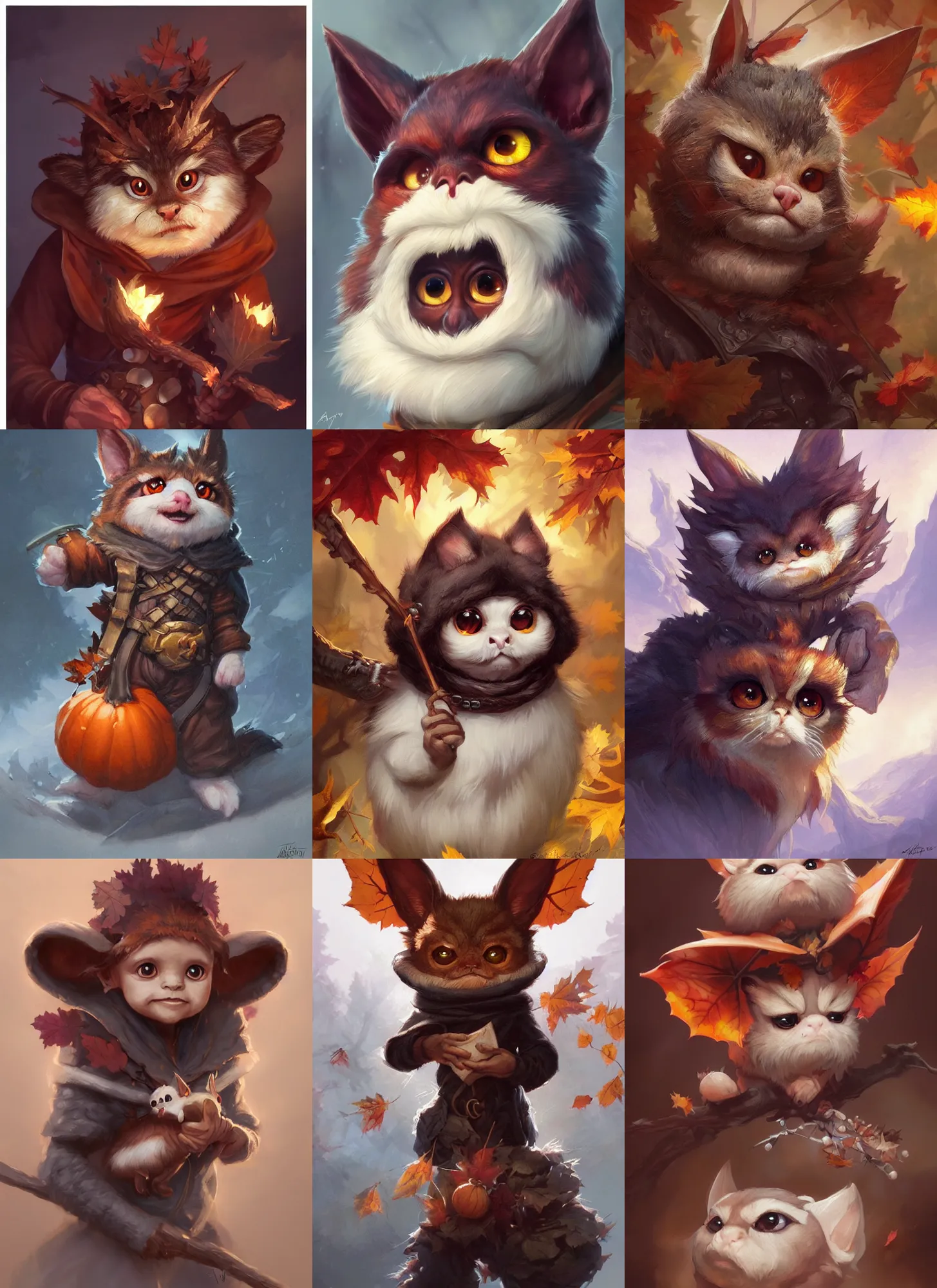 Prompt: cute autumnal mogwai, d & d, fantasy, portrait, highly detailed, digital painting, trending on artstation, concept art, sharp focus, illustration, art by artgerm and greg rutkowski and magali villeneuve