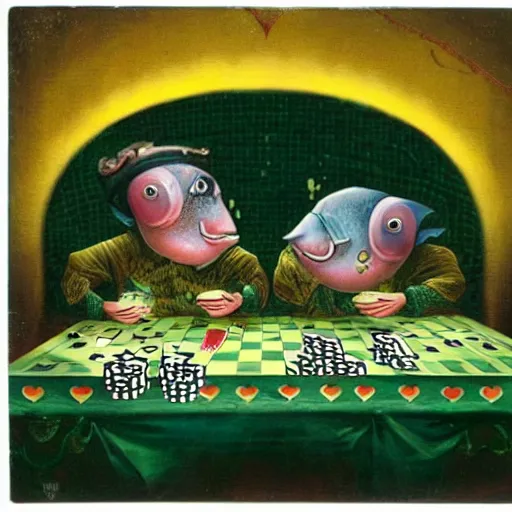 Image similar to two fishes sitting at a table playing cards, at the bottom of the sea, the table has a checkered table cloth, hyperdetailed, cinematic light, lowbrow surrealistic, in the style of mark ryden,