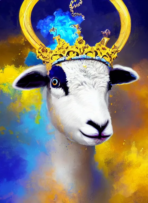 Prompt: a painting of a lamb's face with blue and yellow smoke coming out of, wearing an ornate crown, a digital painting by petros afshar, behance contest winner, digital art, behance hd, digital illustration, digital painting