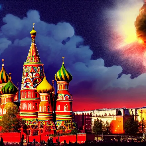 Image similar to a big nuclear explosion with realistic nuclear mushroom in Red Square Kremlin, dramatic lighting, cinematic, extremely high detail, photo realistic