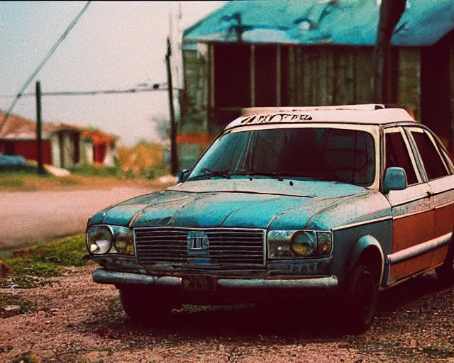 Image similar to a lomographic photo of old lada 2 1 0 7 standing in typical soviet yard in small town, hrushevka on background, cinestill, bokeh