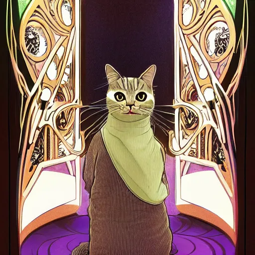 Image similar to a cat wearing a hooded cloak, in an elevator with art nouveau neon panelling, by pascal blanche and james jean moebius and james gurney and greg rutkowski, 8 k