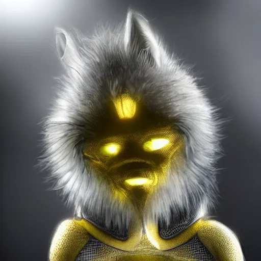 Prompt: a futuristic humanoid with cat-like features, yellow eyes, teeth that protrude past the lower lip and fine grayish fur on their faces and backs of their hands wearing alien armor and carrying an energy rifle