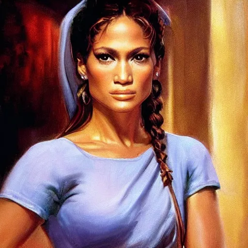 Prompt: ultra realistic portrait painting of jennifer lopez as a maid in manhattan, art by frank frazetta, 4 k, ultra realistic, highly detailed, epic lighting.