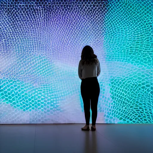 Prompt: a woman stands in front of a projector that projects a pattern onto her and the wall behind her