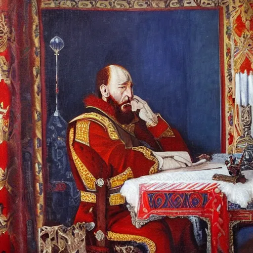 Prompt: Ivan the Terrible in his palace in Moscow drink vodka and think about future, oil painting style,