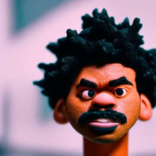 Image similar to a cinematic film still of a claymation stop motion film starring chance the rapper as a college student, shallow depth of field, 8 0 mm, f 1. 8