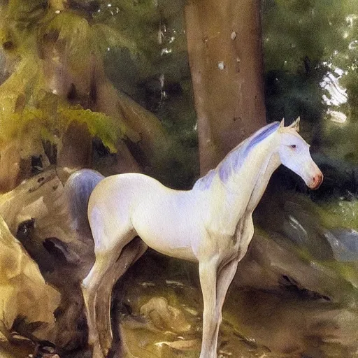 Image similar to A beautiful water painting of an elf Horse in the forest, John Singer Sargent