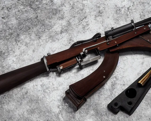 Prompt: Product photo of muzzleloaded flintlock AK47 laying on a white table from the site grabAgun , white background. professional product photography, gunsmithing, top down photo, 4k. high quality