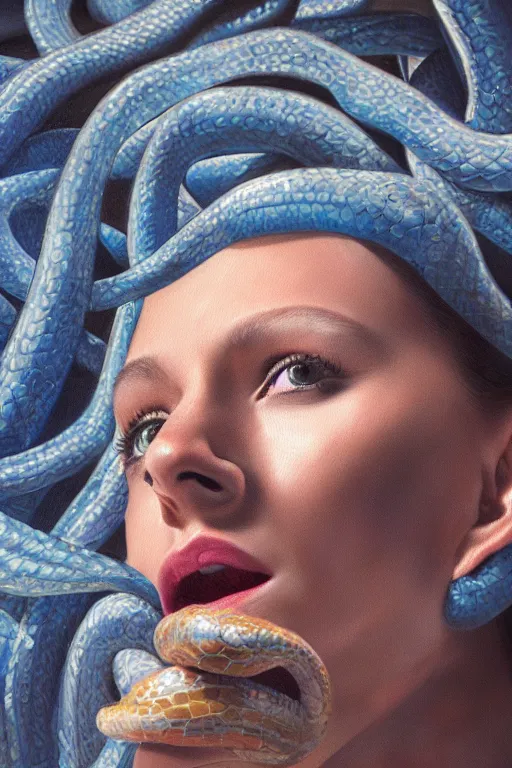 Image similar to hyperrealism oil painting, close - up portrait of face from a tangle of snakes fashion model, knight, steel gradient mixed with nebula sky, in style of baroque