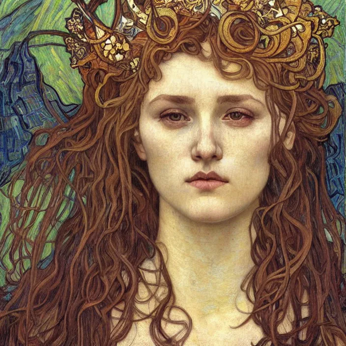 Image similar to detailed realistic beautiful young medieval queen face portrait by jean delville, alphonse mucha, vincent van gogh, and marco mazzoni, art nouveau, symbolist, visionary, gothic, pre - raphaelite