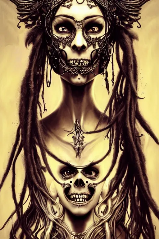 Image similar to evil angels that look like hippies with dreadlocks dancing with chains, fantasy, face with skull mask, long hair, intricate, elegant, highly detailed, digital painting, artstation, concept art, smooth, sharp focus, illustration, art by artgerm and greg rutkowski and aleister crowley