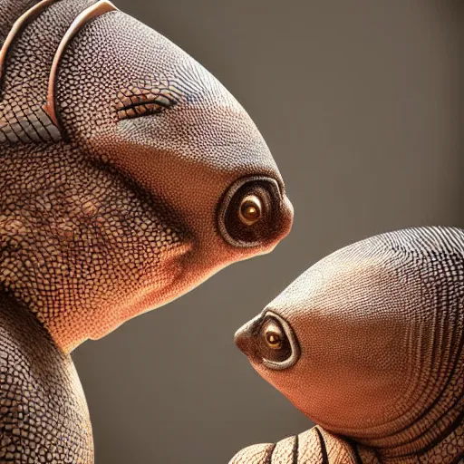 Image similar to a hyper real comic book style portait painting of a nice conversation between 2 armadillos, unreal 5, hyperrealistic, octane render, cosplay, rpg portrait, dynamic lighting