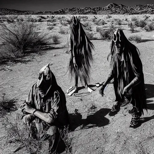 Image similar to “ real life skinwalkers in desert graveyard, vivid, realistic, terrifying ”