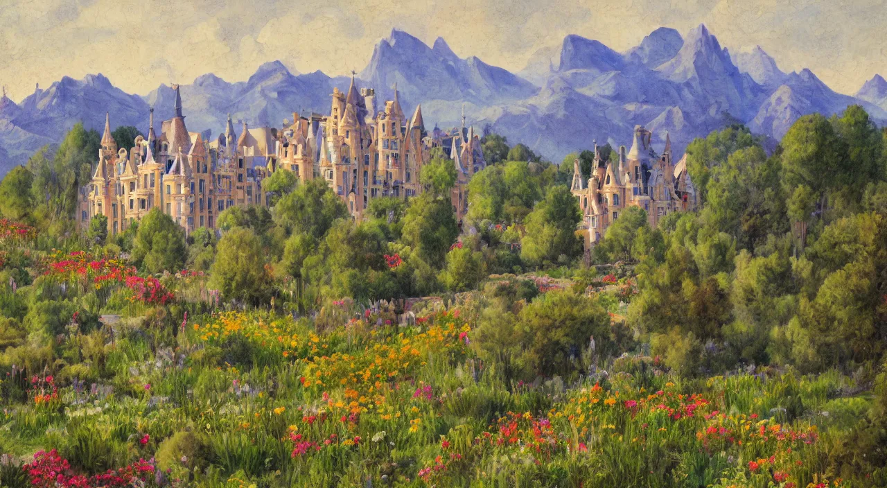 Image similar to a landscape painting of a manor designed by Antoni Gaudí, with flower fields as foreground, with mountains as background, trending on artstation