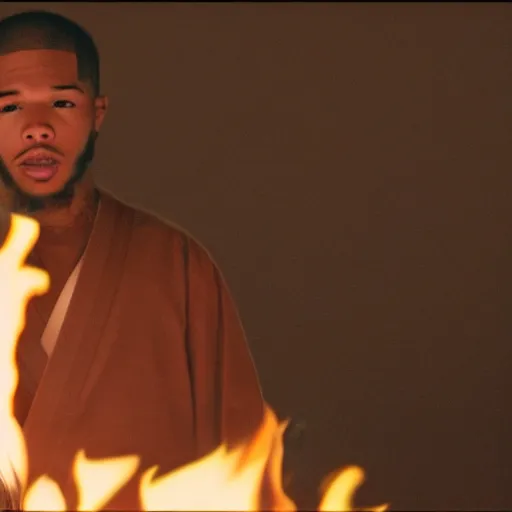 Image similar to cinematic film still of Tory Lanez starring as a Samurai holding fire, Japanese CGI, VFX, 2003, 400mm lens, f1.8, shallow depth of field,film photography