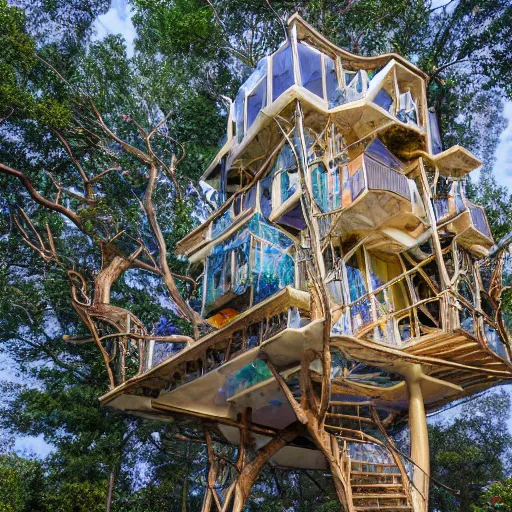 Prompt: exquisitely Intricate marble and opal treehouse, lucid, vivid, mystical, wide angle, high detail, 8k, justin totemical